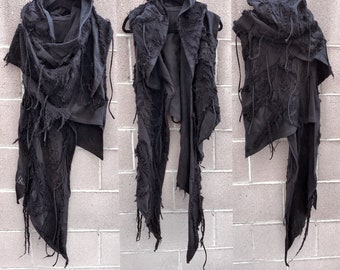 Zwarte sjaal, sjaal met capuchon, zwarte omslagdoek, cyberpunk, Burning Man-kleding, postapocalyptisch, Burning Man, toneelkleding, Halloween-kostuum
