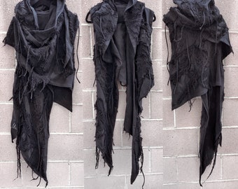 Distressed Black Hooded Scarf: Post-Apocalyptic Halloween Burning Man Wrap