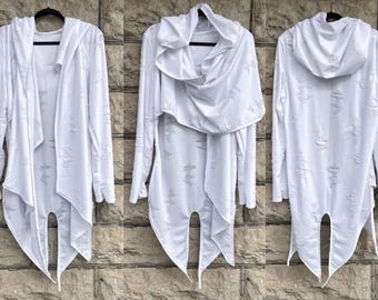 White Handcrafted Wrap Cardigan: Postapocalyptic Cyberpunk Costume (Size M)