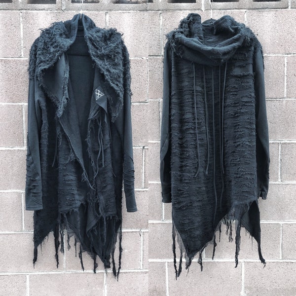 Black cardigan, black hoodie, postapocalyptic, burning man clothing, cyberpunk clothing, black jacket, postapocalyptic clothing, Halloween