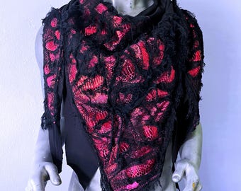 Handcrafted Black & Red Distressed Triangle Scarf: Cyberpunk Burning Man Halloween Costume