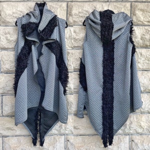 Silver black sleeveless hoodie, Long silver postapocalyptic jacket, Burning man costume, Cyberpunk jacket, Halloween costume, Cosplay jacket