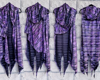 Black Purple Metallic Postapocalyptic Hoodie, Burning Man hoodie, Cyberpunk Sleeveless Hoodie, Clubwear, Cosplay, Stage Festival Clothing