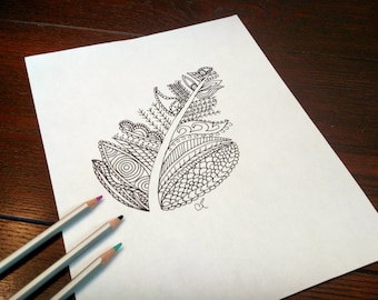 Adult Coloring Page, Feather Coloring Page, Instant Download, Ink Drawing, Intricate Feather Coloring Page
