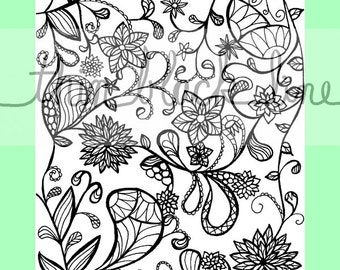 Adult Coloring Page, Floral Coloring Page, Instant Download, Ink Drawing, Flowers