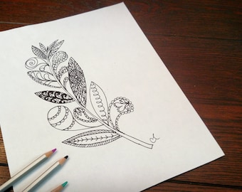 Adult Coloring Page, Feather Coloring Page,  Instant Download, Ink Drawing, Intricate Feather Coloring Page