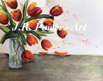 Red Tulips Watercolor Print, Floral Art, Tulip Art, Wall Art, Loose Art, Loose Floral Watercolor