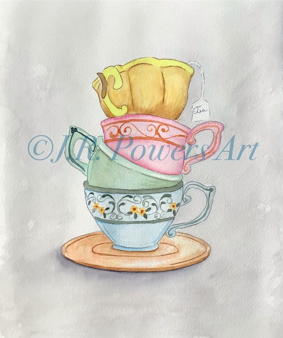 Vintage Stacked Teacups Watercolor Print Retro Kitchen Art Etsy