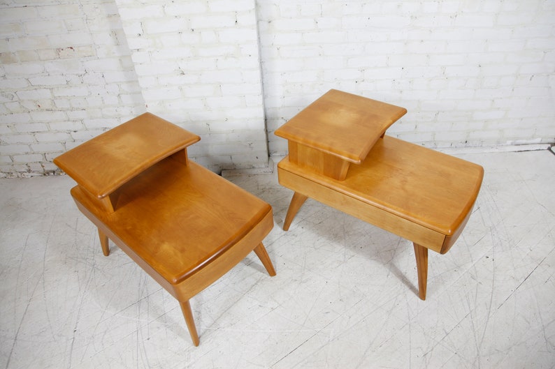 Vintage MCM pair of Heywood Wakefield step end tables / nightstands w/ drawer Free delivery only in NYC and Hudson Valley areas image 4