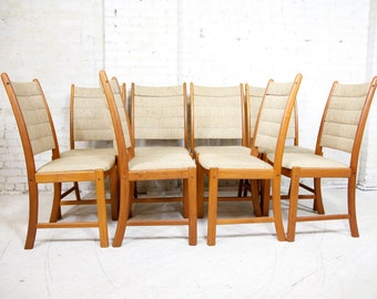 Vintage MCM set of 8 tall back Scandinavian teak chairs by Happy Viking | Free delivery only in NYC and Hudson Valley areas