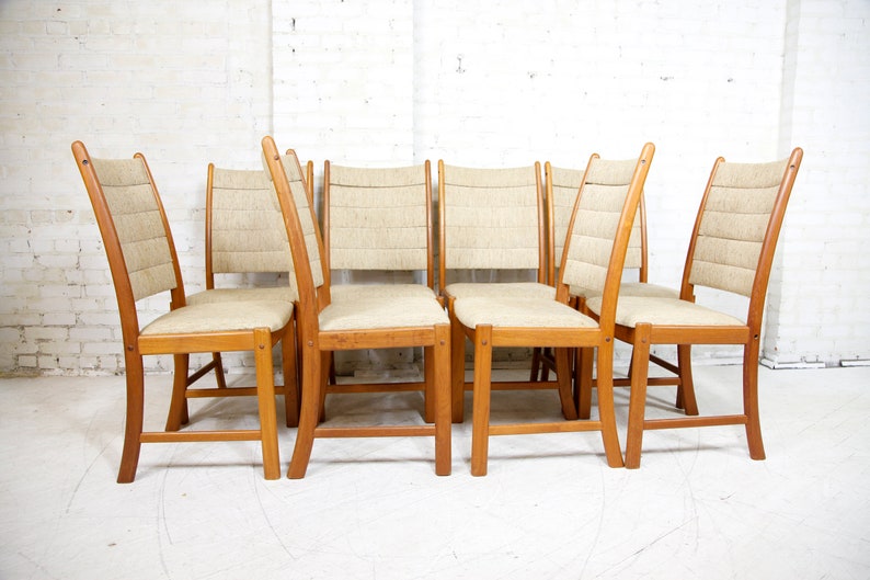 Vintage MCM set of 8 tall back Scandinavian teak chairs by Happy Viking Free delivery only in NYC and Hudson Valley areas image 1