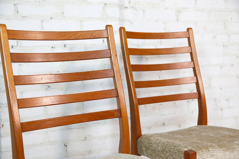 Vintage mcm pair of tall back / ladder back teak dining chairs with new upholstery Free delivery in NYC and Hudson Valley ares image 5