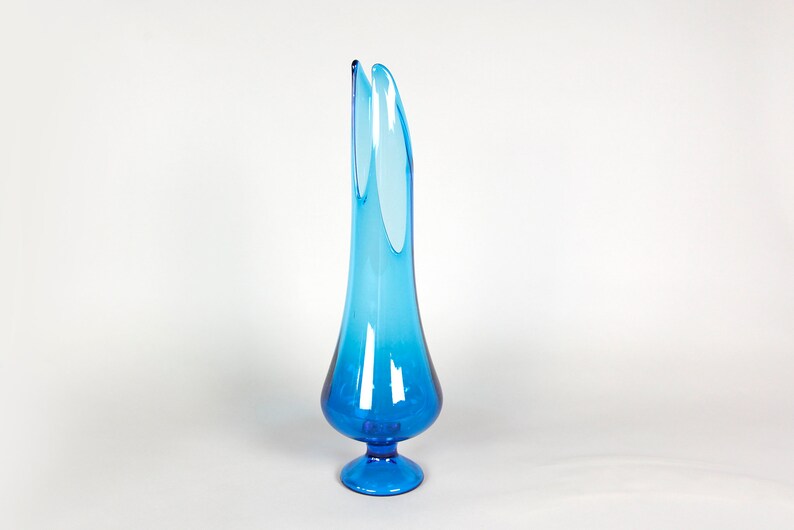 vintage mcm tall blue fluid shape vase art glass image 1