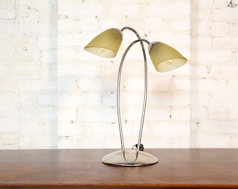 Vintage mcm chrome table lily lamp with two arms and thick mate glass shades (2 available)