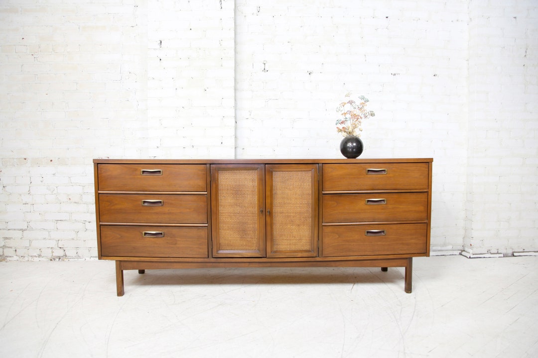 Vintage MCM Long 9 Drawer Dresser With Cane Doors Details and Etsy