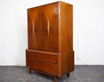 Vintage MCM tall walnut sculptural brutalist style wardrobe by ACME furniture | Free delivery only in NYC and Hudson Valley areas
