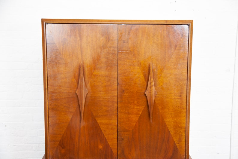 Vintage MCM tall walnut sculptural brutalist style wardrobe by ACME furniture Free delivery only in NYC and Hudson Valley areas image 9