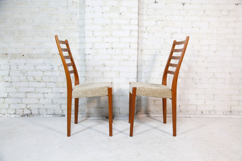 Vintage mcm pair of tall back / ladder back teak dining chairs with new upholstery Free delivery in NYC and Hudson Valley ares image 4