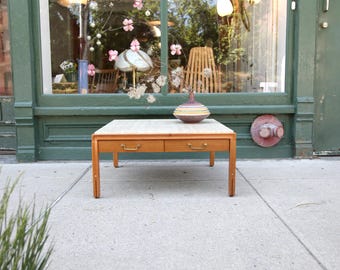 Vintage 50's Gerry Zanck "Gregori" walnut and travertine top coffee table | Free delivery in NYC and Hudson Valley areas
