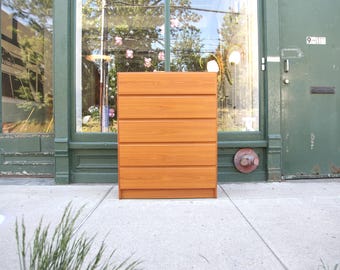Vintage 70's teak 5 drawer tallboy dresser | Free delivery in NYC and Hudson Valley areas