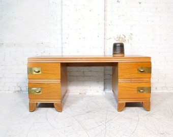 Vintage mcm / art deco style vanity with brass handles and wood carving details by John Stuart | Free delivery in NYC and Hudson Valley