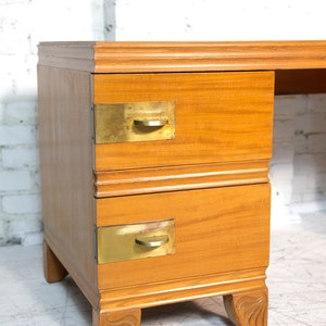 Vintage mcm / art deco style vanity with brass handles and wood carving details by John Stuart Free delivery in NYC and Hudson Valley image 5