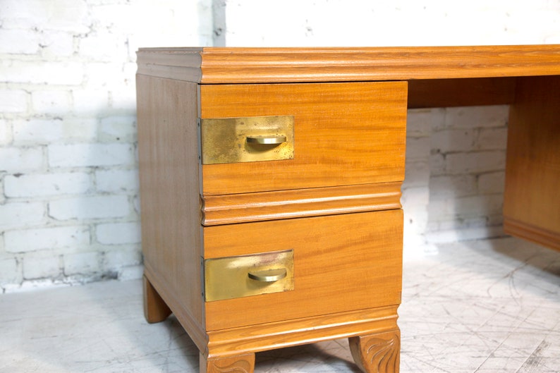 Vintage mcm / art deco style vanity with brass handles and wood carving details by John Stuart Free delivery in NYC and Hudson Valley image 5