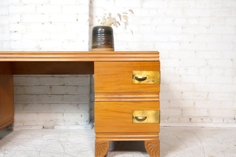 Vintage mcm / art deco style vanity with brass handles and wood carving details by John Stuart Free delivery in NYC and Hudson Valley image 2