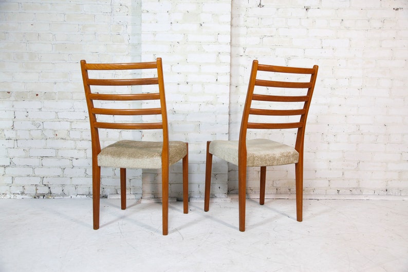 Vintage mcm pair of tall back / ladder back teak dining chairs with new upholstery Free delivery in NYC and Hudson Valley ares image 2