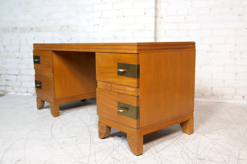 Vintage mcm / art deco style vanity with brass handles and wood carving details by John Stuart Free delivery in NYC and Hudson Valley image 9