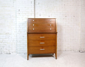 Vintage MCM Tallboy Teightop 6 Drawer Dresser W Sculptural