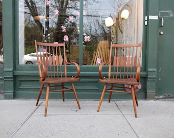Pair of Vintage 60's Kipp Stewart for Drexel walnut windsor armchairs | Free delivery in NYC and Hudson Valley areas