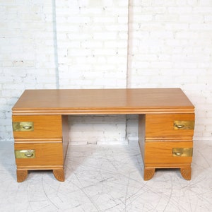 Vintage mcm / art deco style vanity with brass handles and wood carving details by John Stuart Free delivery in NYC and Hudson Valley image 4