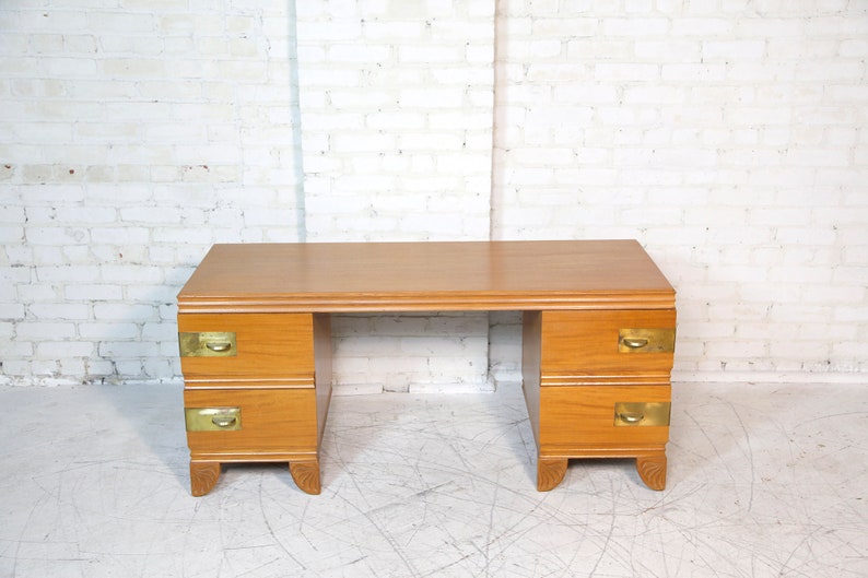 Vintage mcm / art deco style vanity with brass handles and wood carving details by John Stuart Free delivery in NYC and Hudson Valley image 4