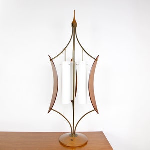 Pair of Vintage large mcm sculptural brass walnut and glass shade modeling style table lamp