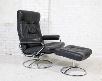 Vintage MCM black leather Ekornes stressless recliner / lounge chair | Free delivery in NYC and Hudson Valley areas