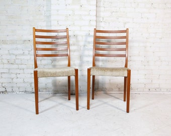 Vintage mcm pair of tall back / ladder back teak dining chairs with new upholstery | Free delivery in NYC and Hudson Valley ares