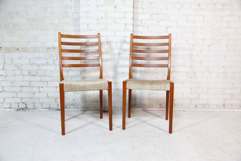 Vintage mcm pair of tall back / ladder back teak dining chairs with new upholstery Free delivery in NYC and Hudson Valley ares image 1