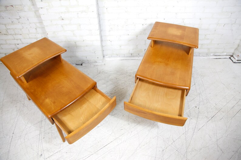 Vintage MCM pair of Heywood Wakefield step end tables / nightstands w/ drawer Free delivery only in NYC and Hudson Valley areas image 9