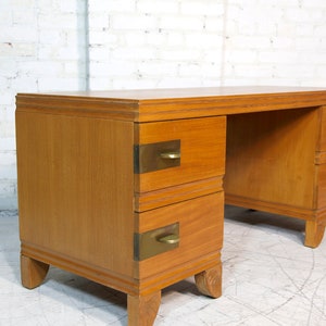 Vintage mcm / art deco style vanity with brass handles and wood carving details by John Stuart Free delivery in NYC and Hudson Valley image 8