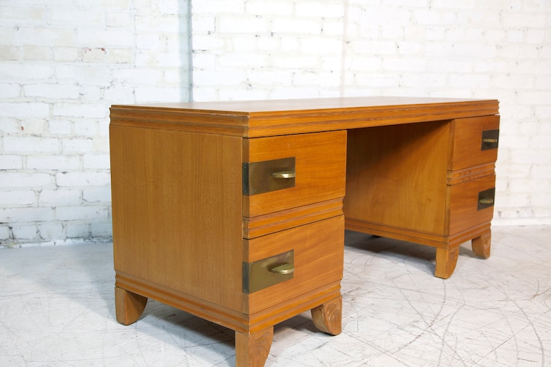 Vintage mcm / art deco style vanity with brass handles and wood carving details by John Stuart Free delivery in NYC and Hudson Valley image 8