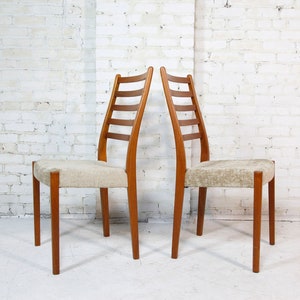 Vintage mcm pair of tall back / ladder back teak dining chairs with new upholstery Free delivery in NYC and Hudson Valley ares image 3