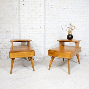 Vintage MCM pair of Heywood Wakefield step end tables / nightstands w/ drawer | Free delivery only in NYC and Hudson Valley areas