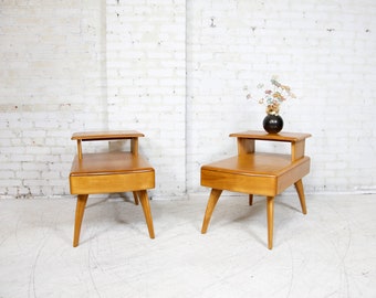 Vintage MCM pair of Heywood Wakefield step end tables / nightstands w/ drawer | Free delivery only in NYC and Hudson Valley areas