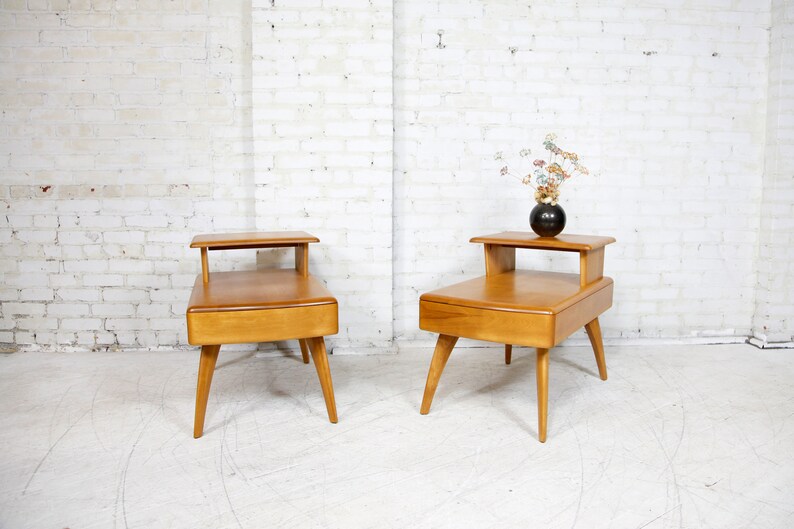 Vintage MCM pair of Heywood Wakefield step end tables / nightstands w/ drawer Free delivery only in NYC and Hudson Valley areas image 1