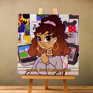 Peace, Love & Gang Signs Art Print Office Art, Black Girl Art, Gamer Art, Curly Hair Art, Anime Illustration, Cartoon Quote Art, Kawaii image 1