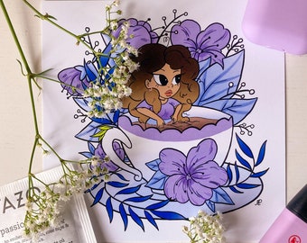 Lavender Tea Small Art Print - Black Girl Art, Herbal Tea Illustration, Natural Hair Art, Black Girl Illustration