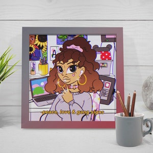 Peace, Love & Gang Signs Art Print Office Art, Black Girl Art, Gamer Art, Curly Hair Art, Anime Illustration, Cartoon Quote Art, Kawaii image 2