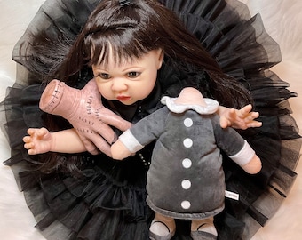 23 in Wednesday Addams (Elliot) goth fantasy alternative reborn doll by Bountiful baby reborn artist Peg Spencer