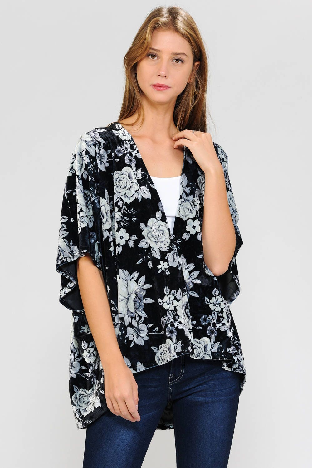 Black/ Floral Kimono Cardigan. Velvet Oriental Coat | Etsy